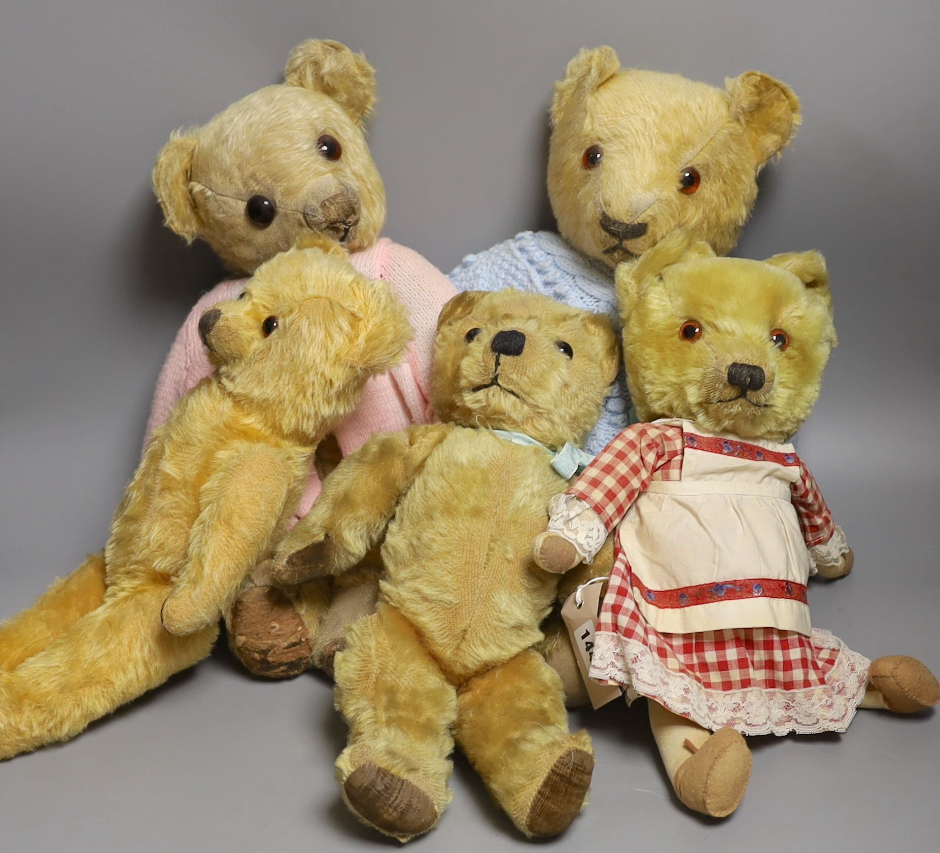 Five English Bears Including Chadvalley Magna Hairloss with Label. Merrythought & Pedigree and a Dressed Bear.